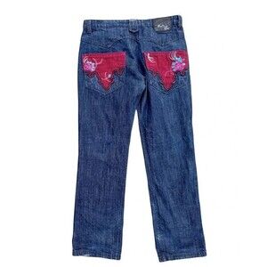 Western Boho Folk Antik Denim Embroidered Appliqué Pocket Straight Jeans Mens 36